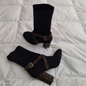 Black Knit Boots with Brown Monogram Straps